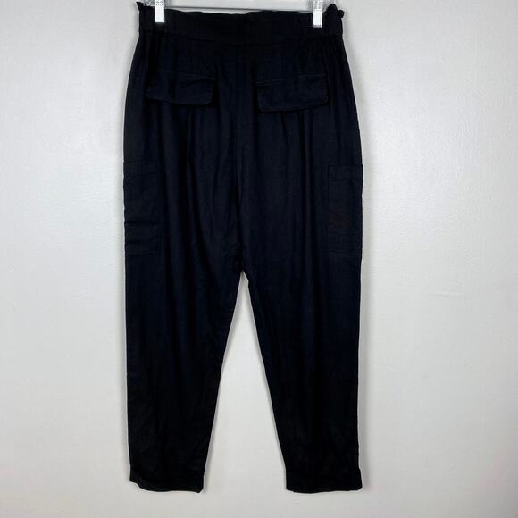 Zara Baggy Linen Trouser Cargo Pant Black Tapered Leg Pockets Cuffed Size 6 - Picture 5 of 10